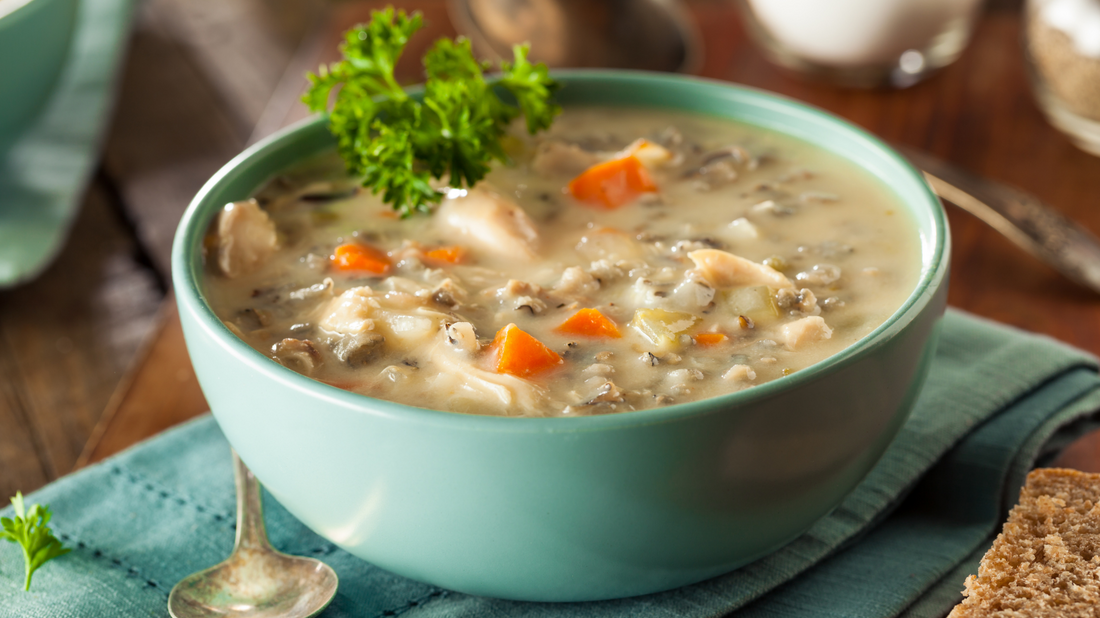 delicious warm soup made of leftover thanksgiving turkey and wild rice